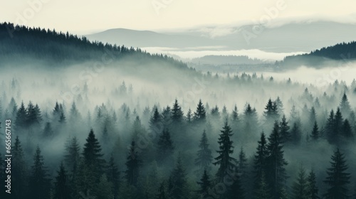 Nordic forest, forest landscape, foggy, evening time, foggy landscape in the jungle Fog and cloudy mountain tropic valley landscape aerial view, wide, misty panorama photo