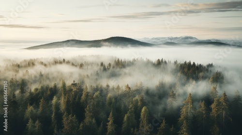 Nordic forest, forest landscape, foggy, evening time, foggy landscape in the jungle Fog and cloudy mountain tropic valley landscape aerial view, wide, misty panorama © ND STOCK