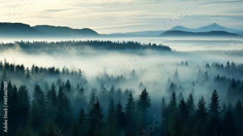 Nordic forest, forest landscape, foggy, evening time, foggy landscape in the jungle Fog and cloudy mountain tropic valley landscape aerial view, wide, misty panorama