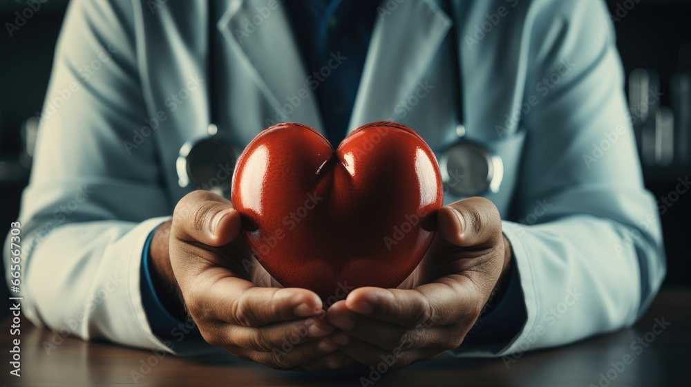 Doctor holding red heart in hands concept
