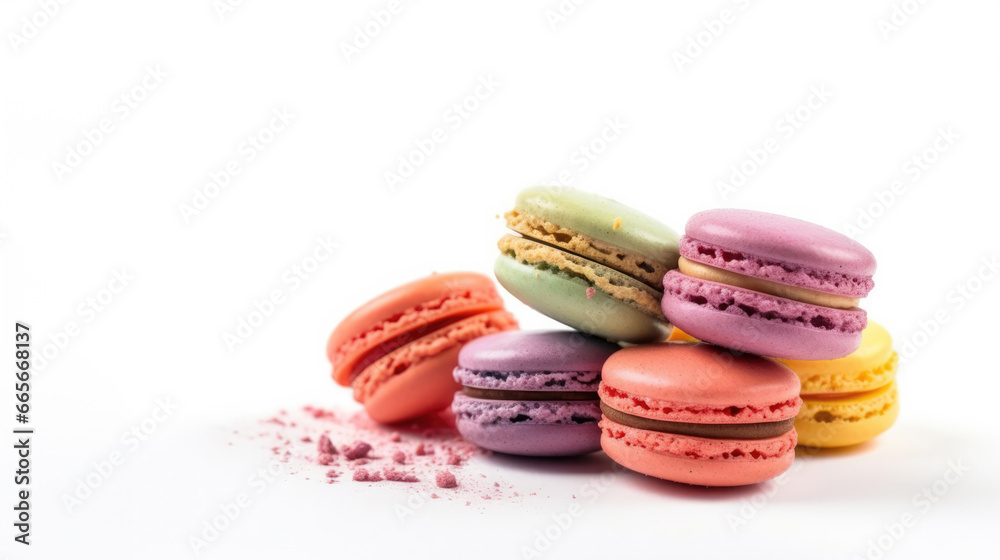 Macarons arranged in a tempting still life, a burst of sweet and colorful delight, vibrant and delectable desserts on white background