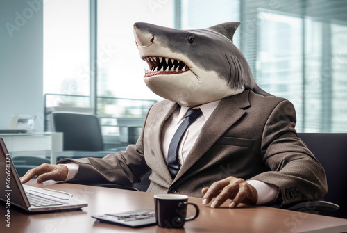 Agressive looking shark businessman wearing suit sits at its desk in modern office photo