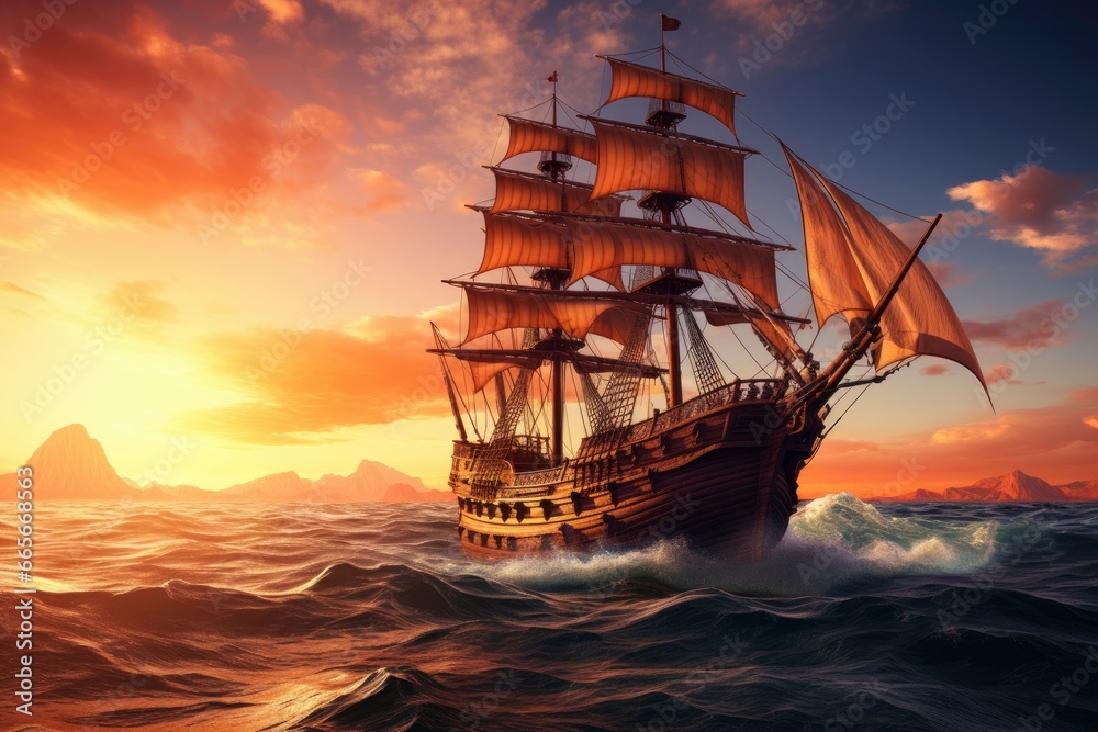 Fototapeta premium Pirate ship sailing on the ocean at sunset. Vintage cruise.