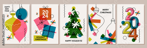 Set of creative colorful cards, flyers, posters for 2024 New Year. Numbers design. Christmas greetings. Modern minimal flat style. Festive prints design.