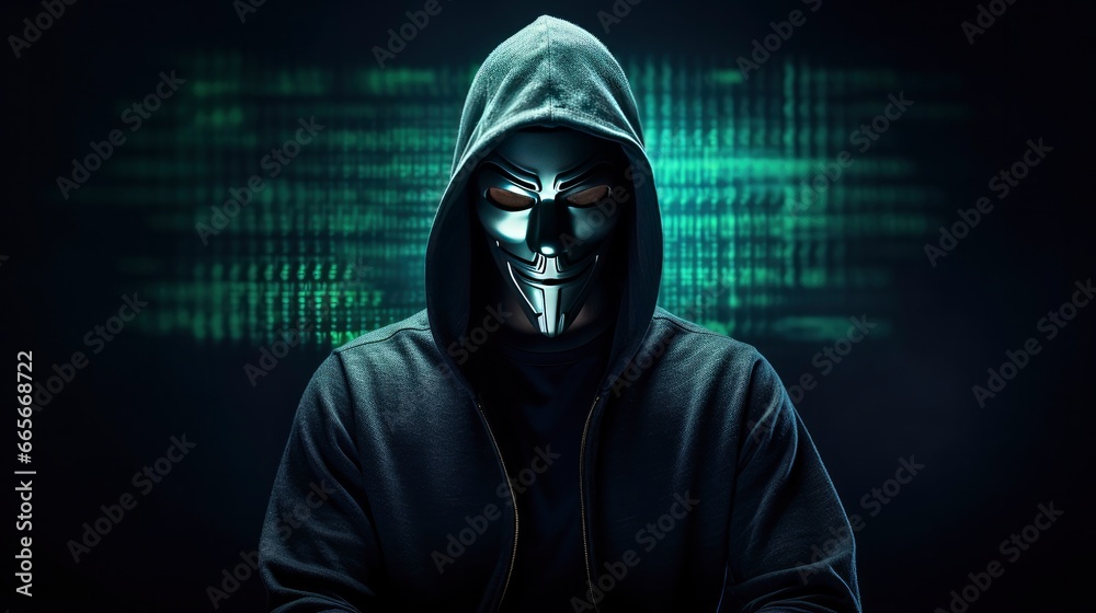 Binary Intrigue. Anonymous robotic hacker. Concept of hacking.