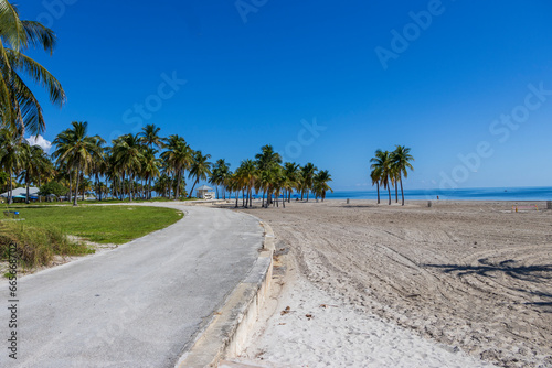 a stunning summer landscape at Crandon Park with blue ocean water, lush green palm trees and grass, benches and umbrellas, blue sky and clouds in Key Biscayne Florida USA
