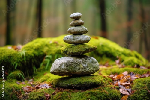 Pyramid stones balance on old mossy fallen tree.