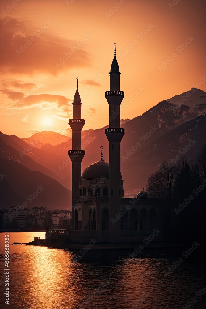 a beautiful Islamic mosque masjid with the sunset in background
