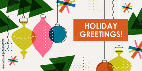 Creative colorful card, flyer, poster for New Year. Christmas holiday greetings. Modern minimal flat style. Festive print design with winter decor.