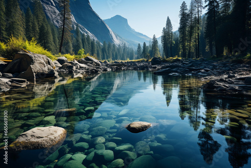 The yosemite river surrounded by mountains, in the style of romantic landscape vistas, glassy translucence, nikon d850, y2k aesthetic, mysterious backdrops, ai generative