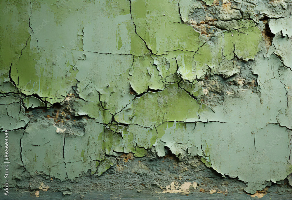 Green wall with peeling cracked paint taken at an angle to show the depth.