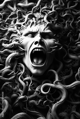 A Monochromatic Poster Illustration Depicting the Menacing Interplay of an Evil Demon, Skull, Ghost and the Inevitability of Death - Generative AI