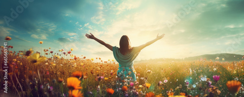  Happy carefree woman standing in the wildflower meadow with opened arms, back view

 #665669741