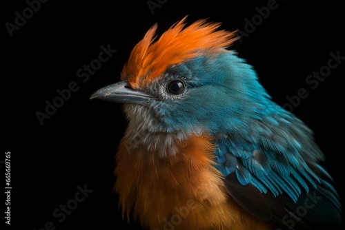 adorable avian with azure hue, vibrant tangerine plumage on dark backdrop. Generative AI © Leandro