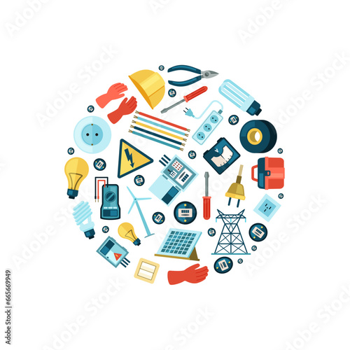 electricity circle. electro engine mechanics, battery bulbs high voltage cords Vector cartoon circle shaped background