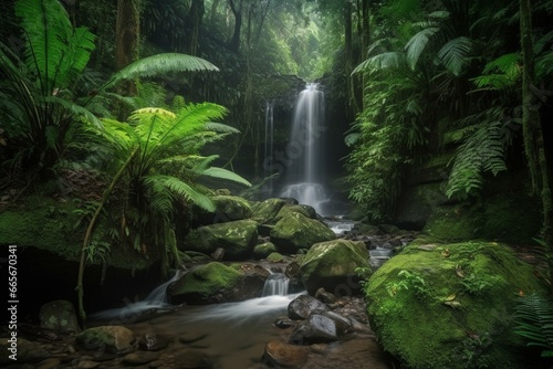 Stunning waterfall in remote tropical forest. Generative AI