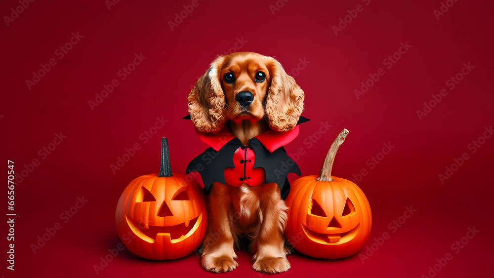 A Cocker Spaniel Dog wearing a vampire costume is sitting between two jack-o'-lanterns against a red background