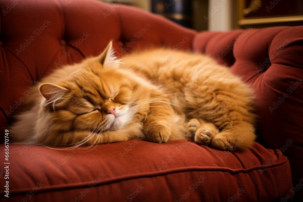 a plump crimson feline slumbering on a couch. Generative AI