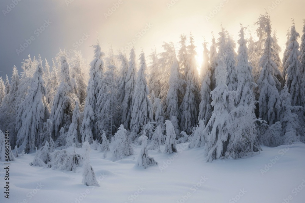 Wintry scenery featuring a snowy landscape adorned with trees. Generative AI