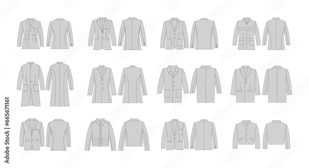 sketch clothing design. casual wear jackets shirts template, linear outline art fashion drawing. vector flat mock up graphics.
