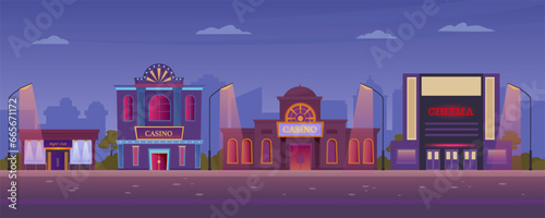 entertainment buildings background. nighty downtown modern urban nightlife entertainment buildings on the street. vector cartoon flat urban buildings.