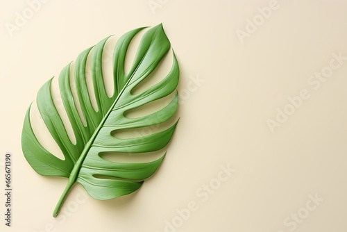 Green tropical leaf on a beige background with copy space