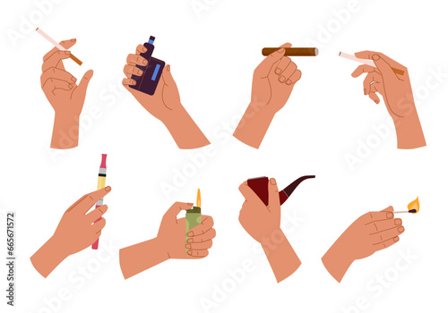 hand hold cigarette. smoking equipment concept, hands holding different smoking devices, vape nicotine tobacco addiction gadgets collection. vector cartoon items set.