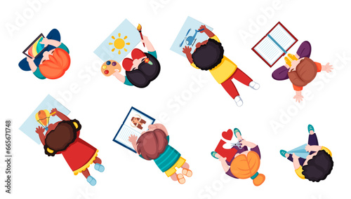 kids crafting top view. education, drawing painting, kindergarten concept, creation, hobby origami handmade poster workshop above view. vector cartoon characters set.