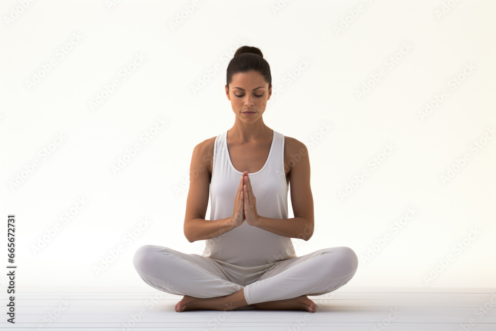 Young female praying with clasped hands and closed eyes while sitting in lotus position on white background Young female praying with clasped hands and closed eyes while sitting in lotus position on white background