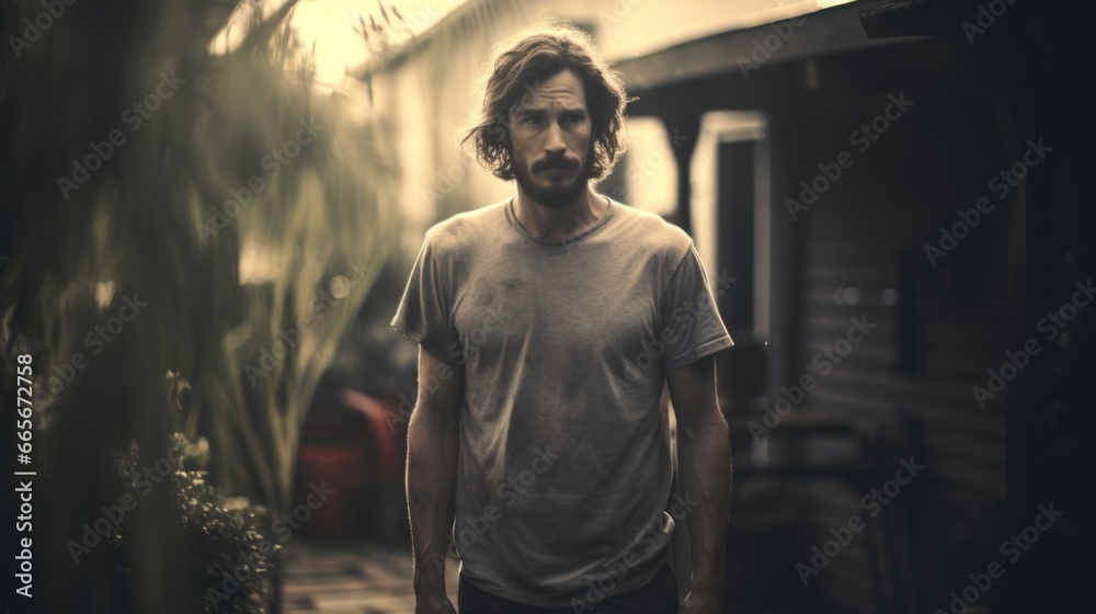 Cinematic Shot of a Man in a Backyard Cinematic Shot of a Man in a Backyard