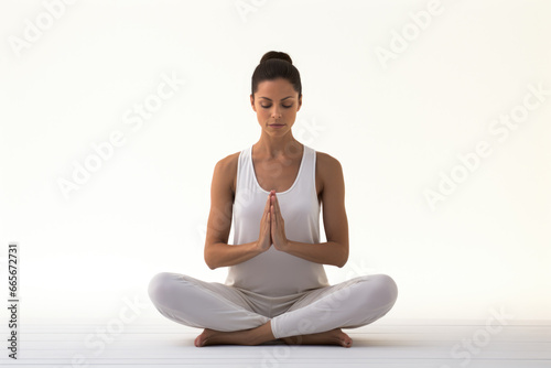 Young female praying with clasped hands and closed eyes while sitting in lotus position on white background