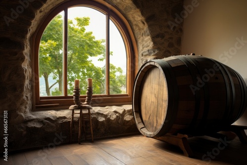 Barrel in an ancient castle beside the window. photo