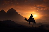 a silhouette of an arab man riding a camel in desert with sun in background