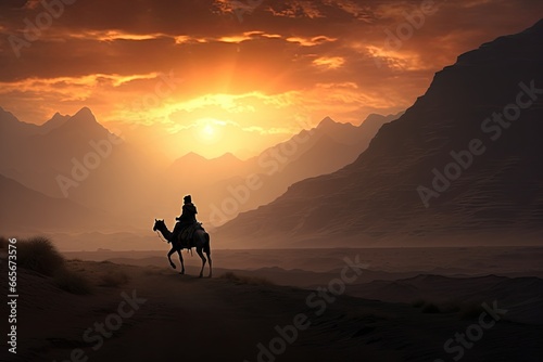 a silhouette of an arab man riding a camel in desert with sun in background