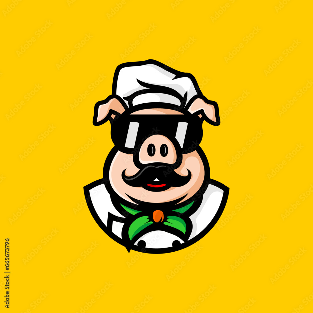 vector design of cartoon pig chef wearing sunglasses