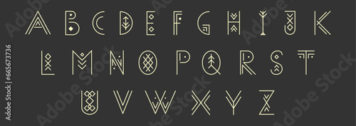 Linear geometric uppercase font decorated with thin lines.Vector display lowercase alphabet decorated with geometric folk style 