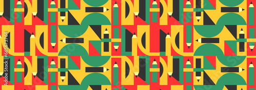 Modern vector abstract seamless geometric pattern with semi circles pensils and circles in retro scandinavian style