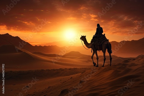 a silhouette of an arab man riding a camel in desert with sun in background