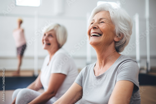 Senior women talking and smiling after exercise in the gym