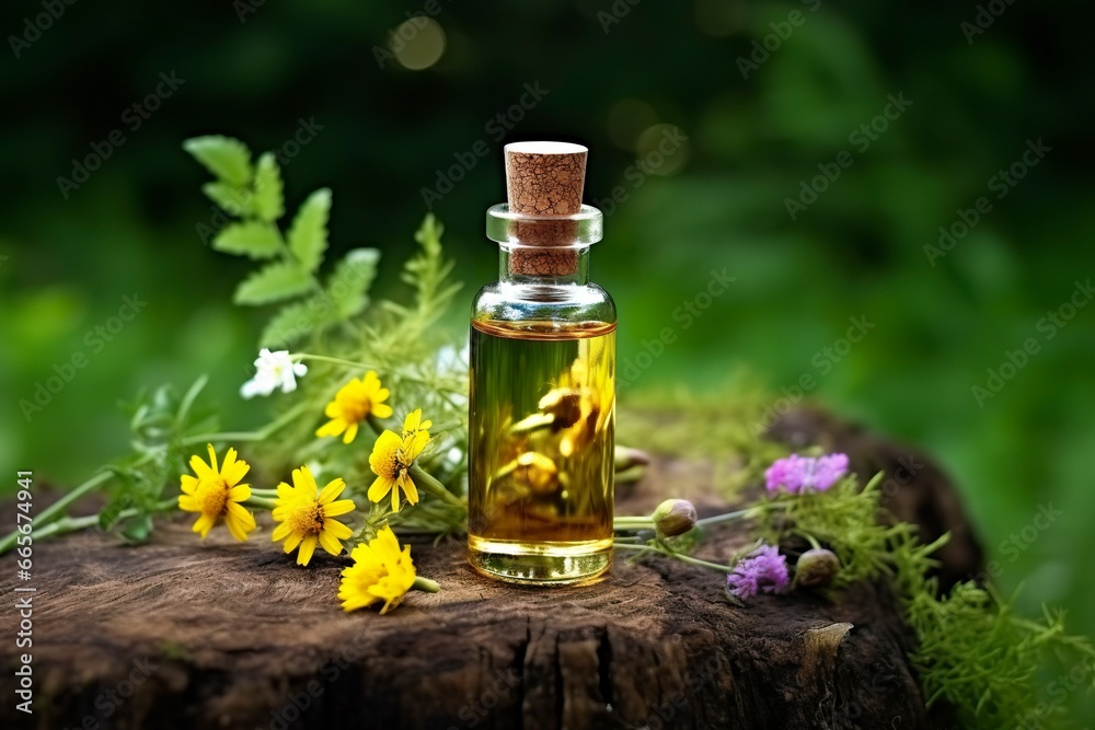 Glass Bottle of herbal essential extract, butterfly, and wildflowers on a tree stump.
