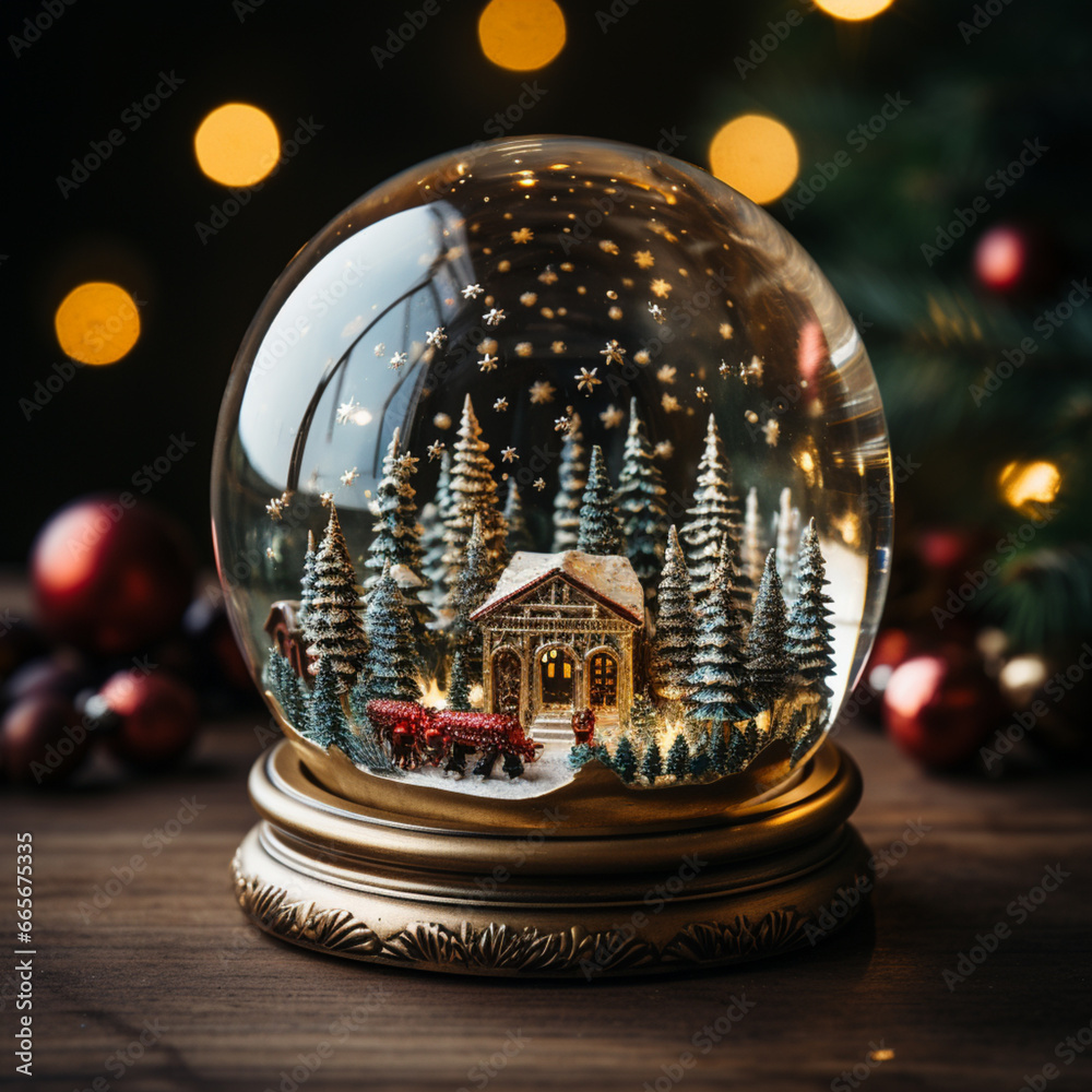 Christmas snow globe with fir trees and hut on a wooden surface, AI generated Christmas snow globe with fir trees and hut on a wooden surface, AI generated