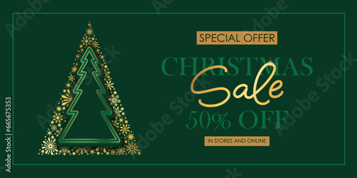 Christmas and New Year holiday sale shop banner. Golden shiny snowflakes. Chic elegant, festive card, cover, voucher design. Christmas tree.