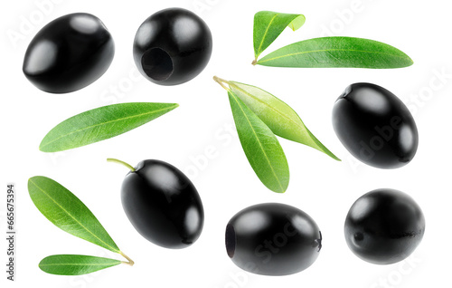 Collection of black fresh and marinated olives and olive leaves cutout