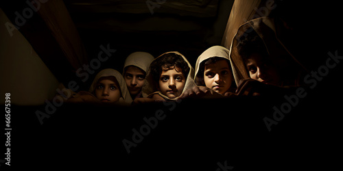 Frightened unhappy children are hiding in dark basement or attic of house to escape bombing of city