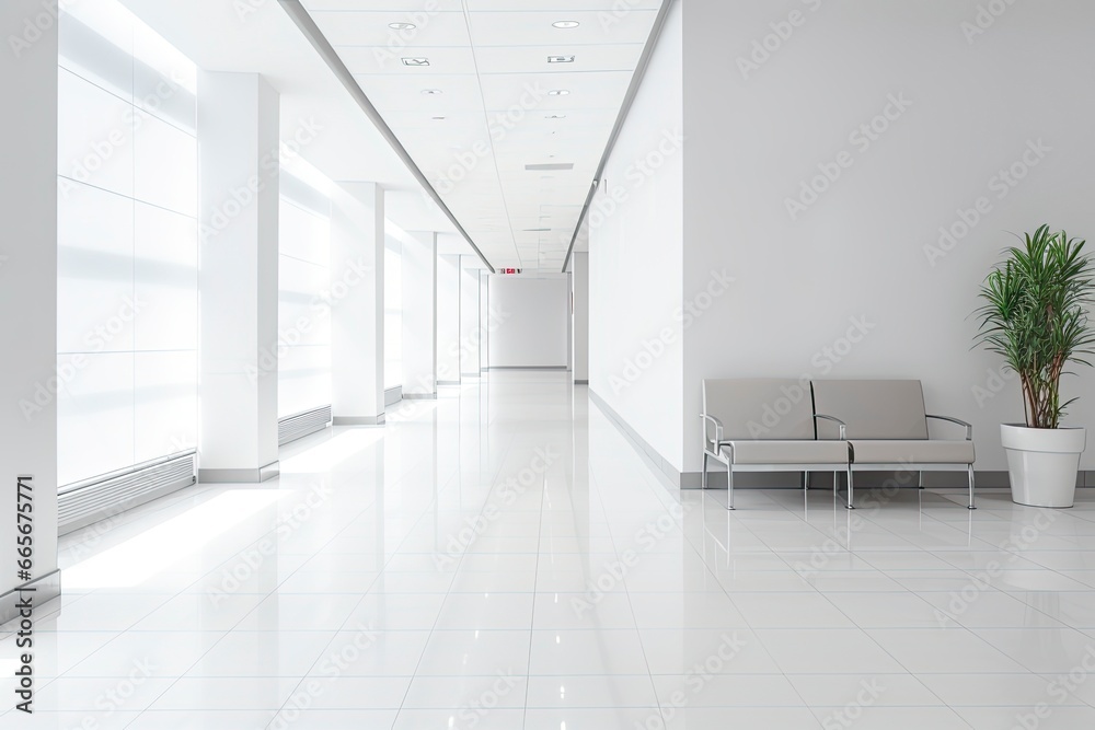 Fototapeta premium Interior design of a modern luxurious white building corridor or hallway with waiting seat.