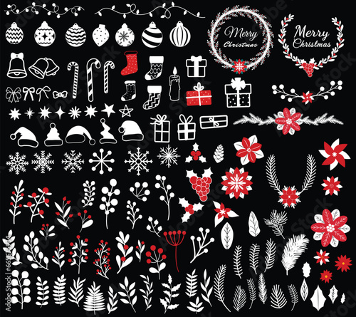 Collection of  silhouettes Christmas design elements,Set of white hand drawn christmas flower wreath collection,  Winter holiday vector illustration set