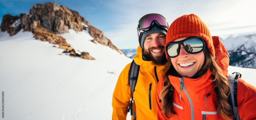 couple smiling standing on top of a snowy mountain after a hike. Adventure and mountain cincept