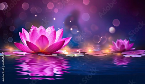 Lotus Pink light purple floating light sparkle purple background. © Anowar