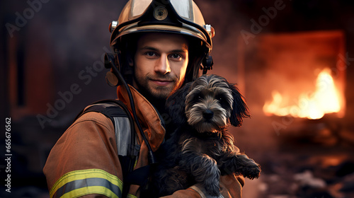A fireman in a protective suit saves a puppy from a burning house