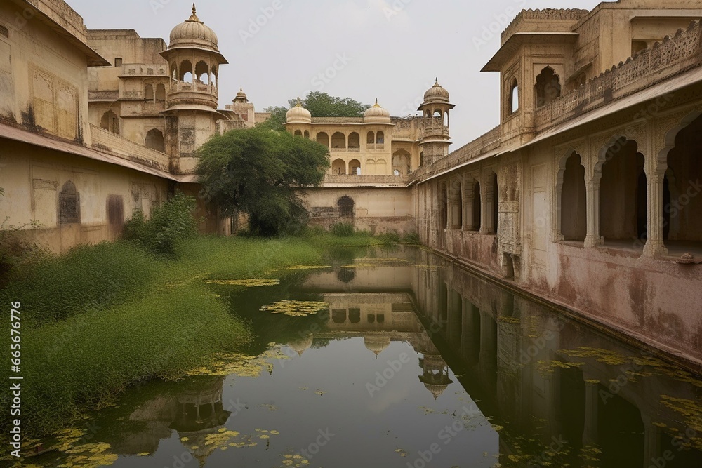 An oasis hosts an old golden temple. Generative AI